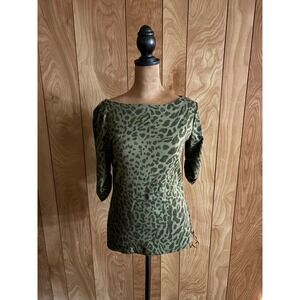 Lauren Ralph Lauren Olive Green Leopard Print Boat Neck Lace Up Top Small